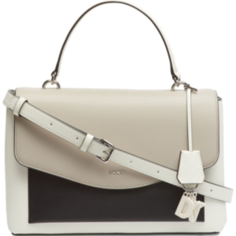 DKNY Lex White Black Gray Curved Handle Shoulder Bag Satchel Crossbody Leather